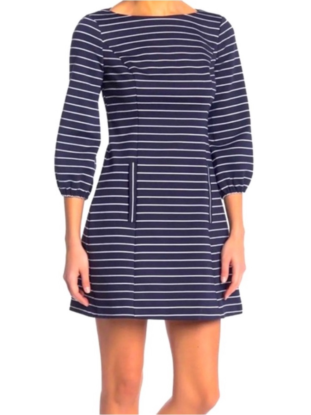NWOT Eliza J Navy and White Striped Boatneck Mini Dress